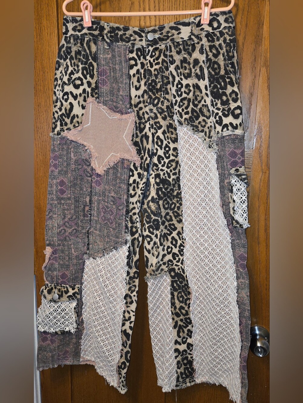 POL Leopard Patchwork Wide-Leg Pants — Beige, Pink & Purple Large